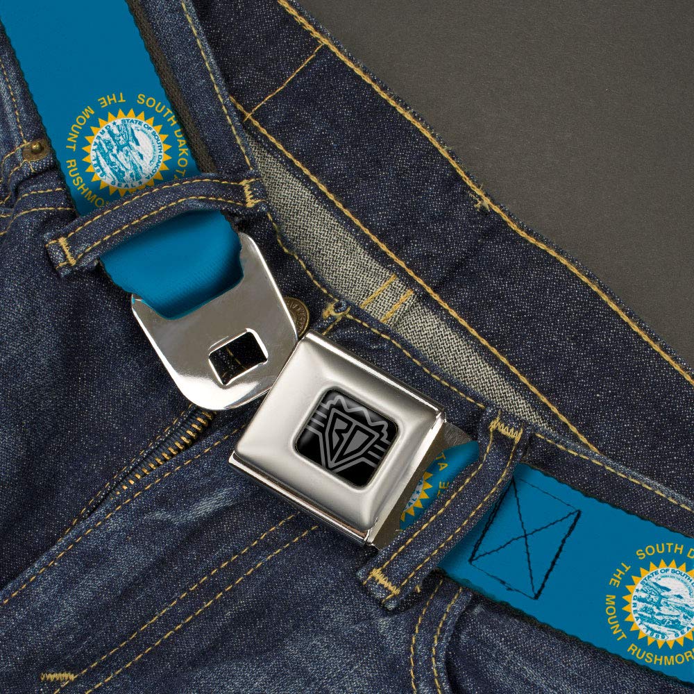 Buckle-Down South Dakota belt buckle closeup with easy push-button release