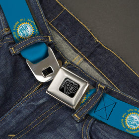 Buckle-Down South Dakota belt buckle closeup with easy push-button release