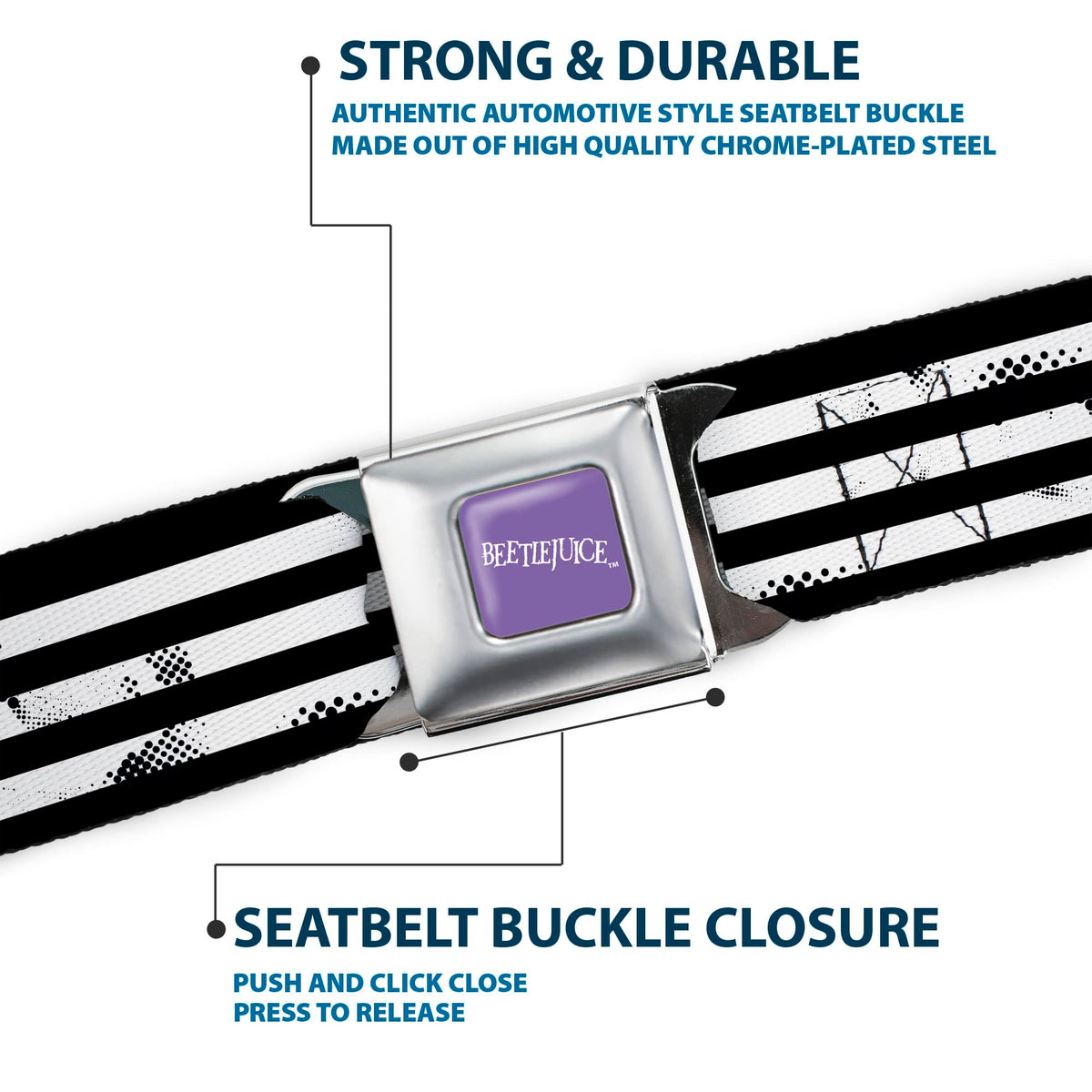 Buckle-Down Beetlejuice belt materials: durable polyester and chrome-plated components
