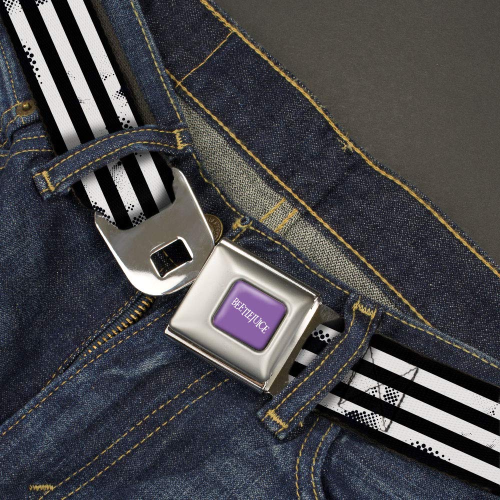 Push-button buckle close-up on Buckle-Down Beetlejuice belt for easy opening