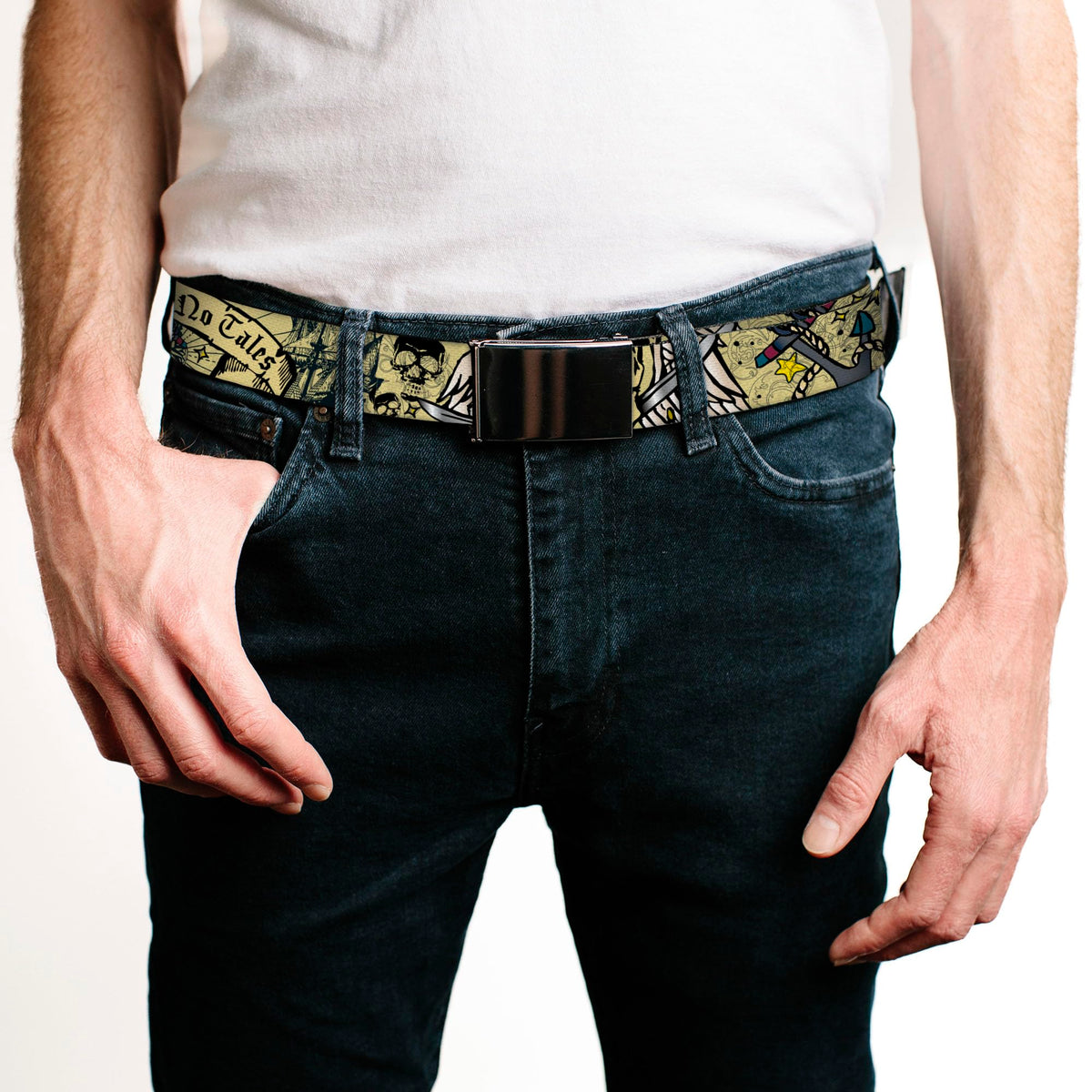 Buckle-Down Dead Men Tattoo belt buckle close-up highlights durable hardware.