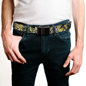 Buckle-Down Dead Men Tattoo belt buckle close-up highlights durable hardware.