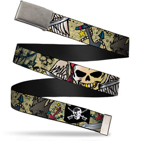 Buckle-Down Dead Men Tattoo web belt front view showcases bold artwork.