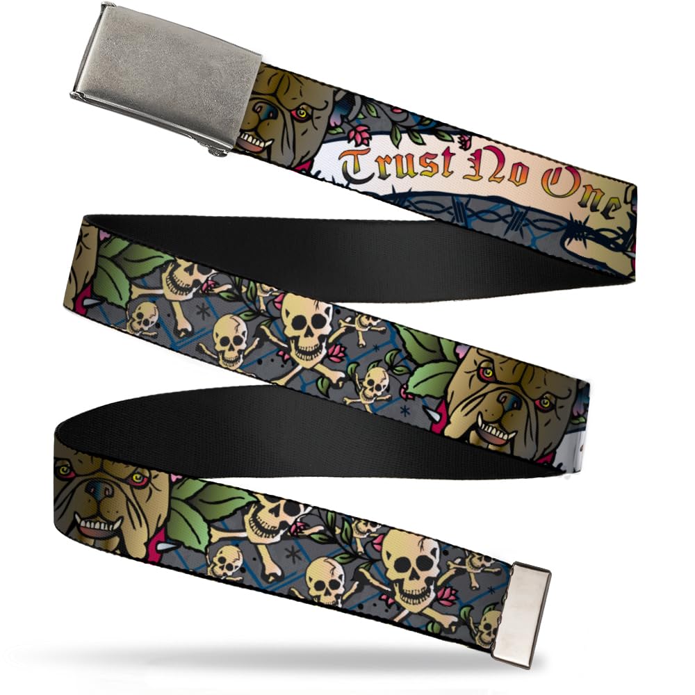 Buckle-Down Trust No One Tattoo belt with 1.5 inch width and durable dyed artwork
