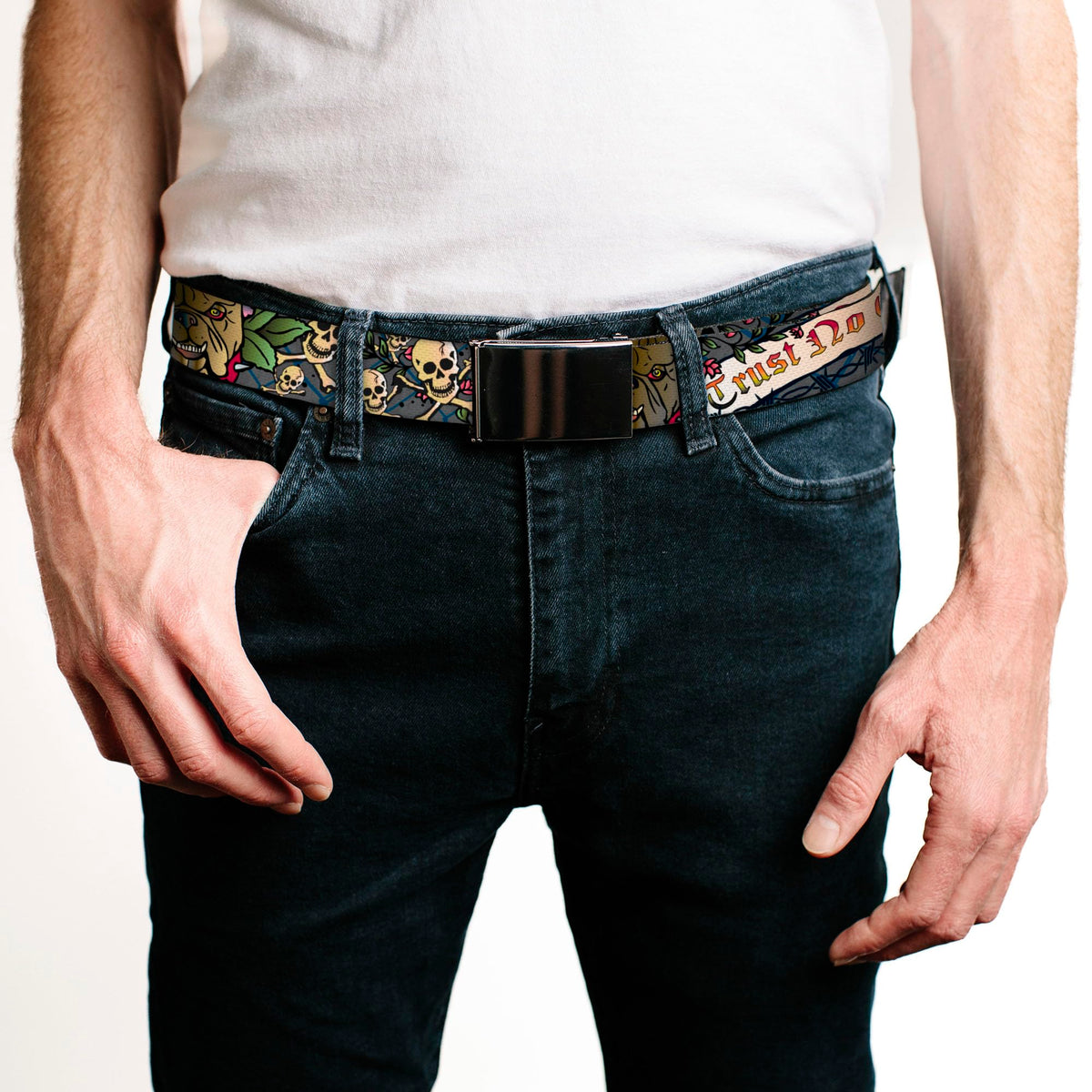 Buckle-Down multicolor web belt with vivid artwork dyed into fabric for long lasting style