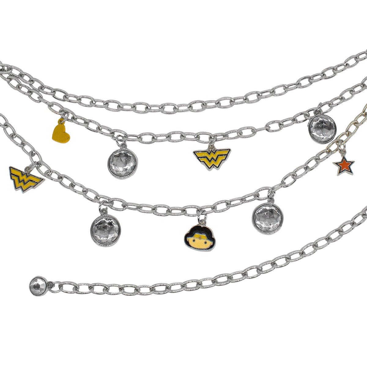 Buckle-Down Wonder Woman belt closeup shows enamel charms and rhinestones for everyday wear.