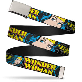 Buckle-Down Wonder Woman belt face close-up for lasting style.