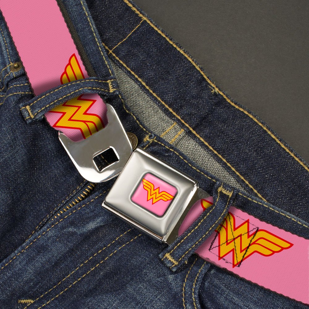 Buckle-Down Wonder Woman pink belt buckle close-up shows easy push-button use