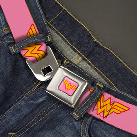 Buckle-Down belt buckle close-up highlighting durable chrome hardware and easy push-button release.