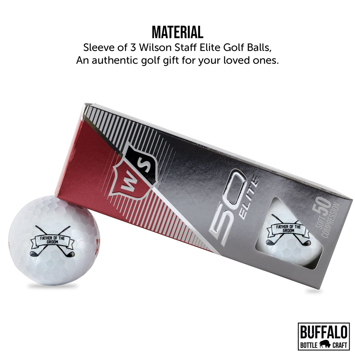 Buffalo Bottle Craft sleeve of three-ball Wilson Staff Elite golf balls suitable for on-course gifting.