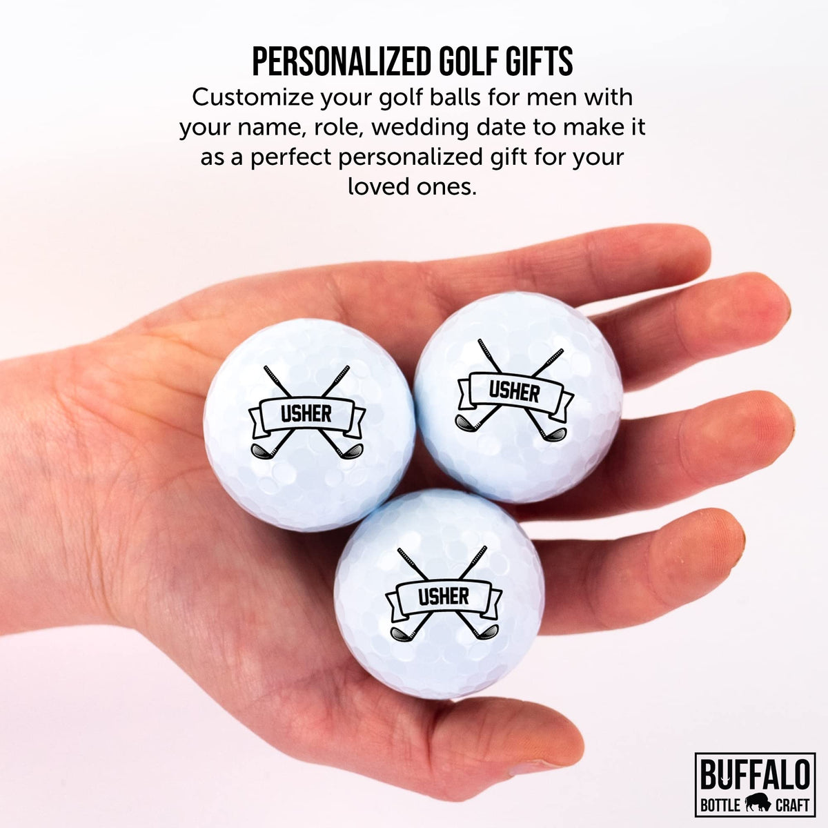 Buffalo Bottle Craft UV-printed detail on Wilson Staff Elite golf balls for crisp personalization.
