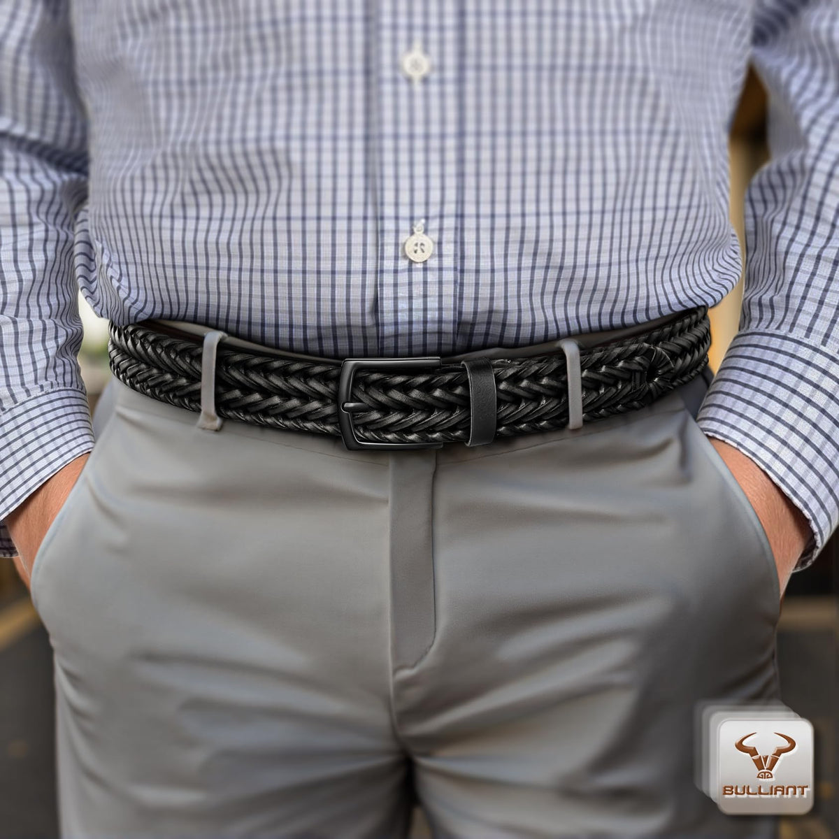 BULLIANT belt buckle close up shows durable zinc alloy with scratch resistant finish.