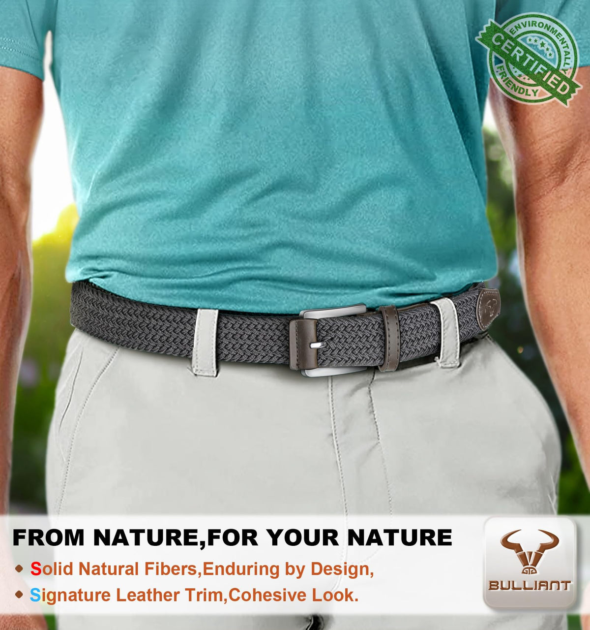 BULLIANT belt elastic braided strap brown complements jeans and golf outfits.