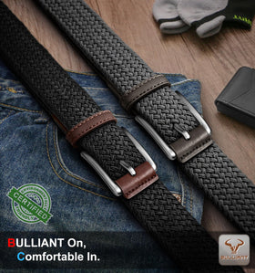 BULLIANT belt elastic woven strap detail for flexible fit.