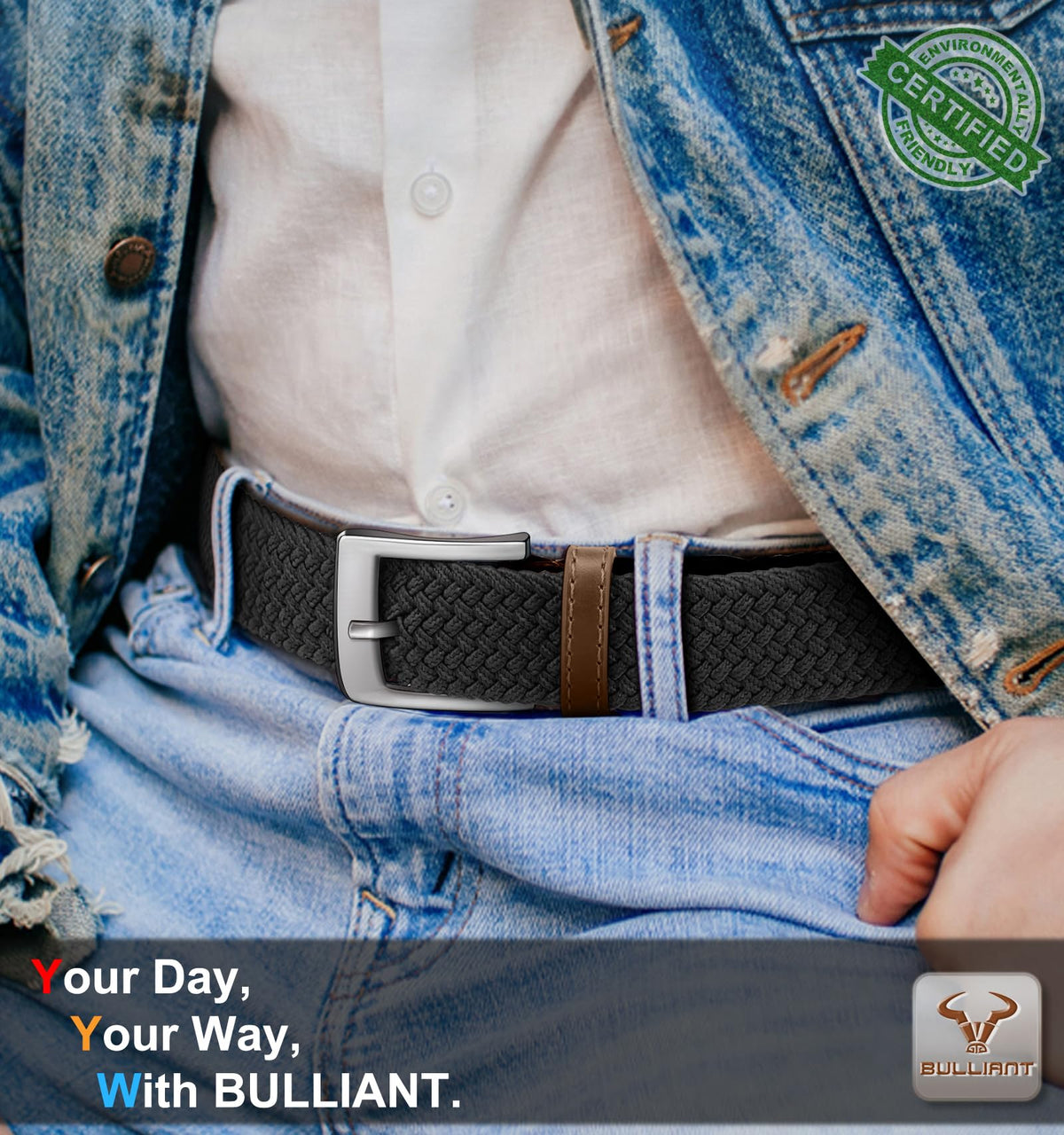 BULLIANT belt no-hole design with multicolor strips for modern styling.