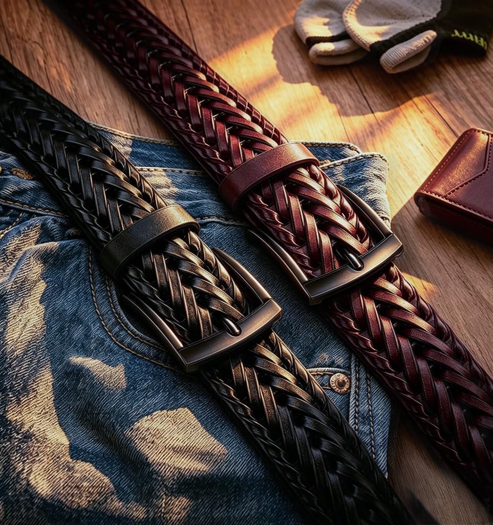 BULLIANT braided leather belt in wine red with 1 3/8 inch width for golf and casual looks