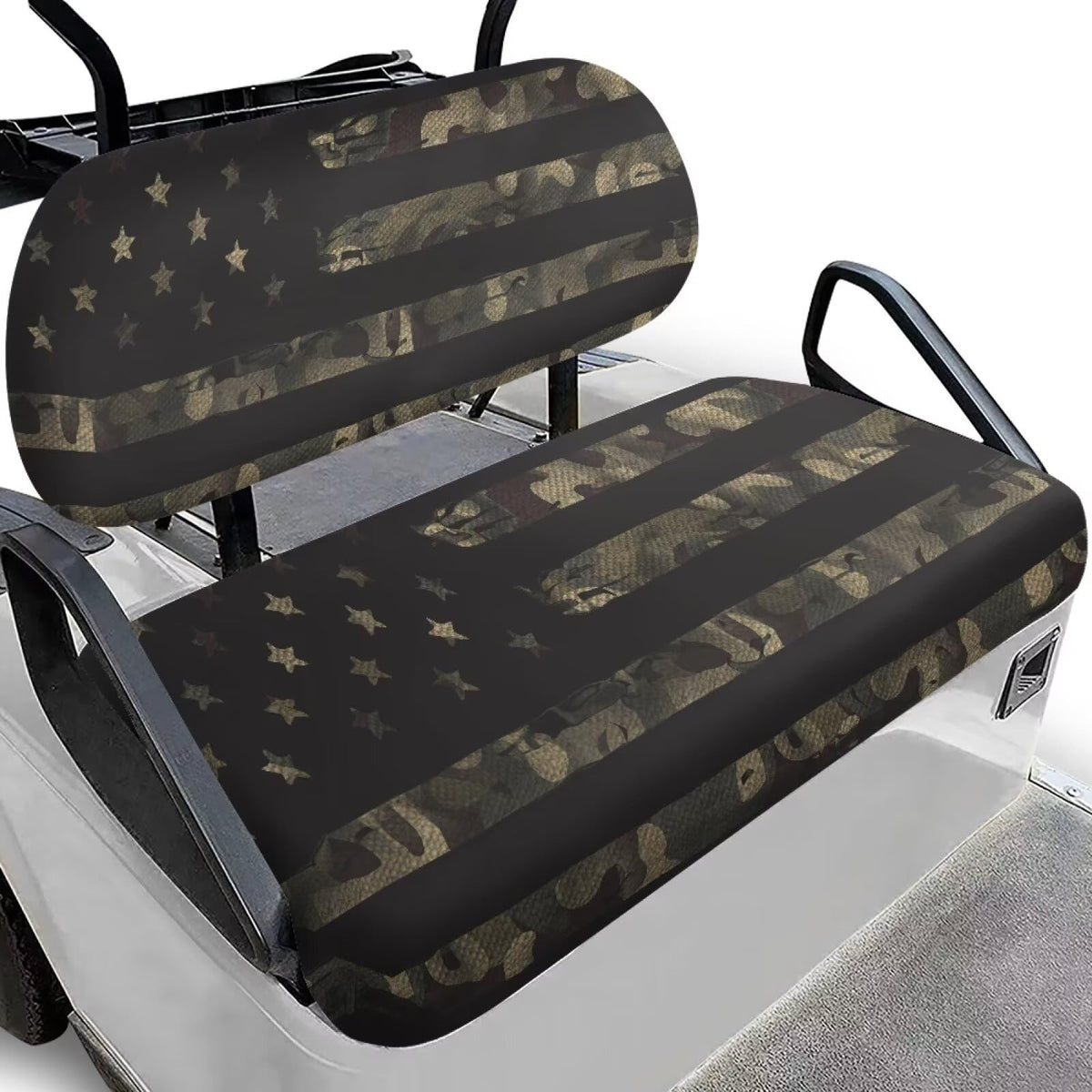 Bulopur American Flag Camo seat cover on cart front view showing snug fit and style