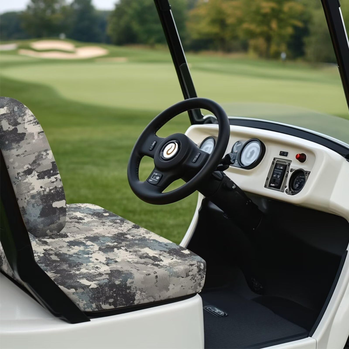 Close-up of Bulopur Grey Camo fabric on golf cart seating