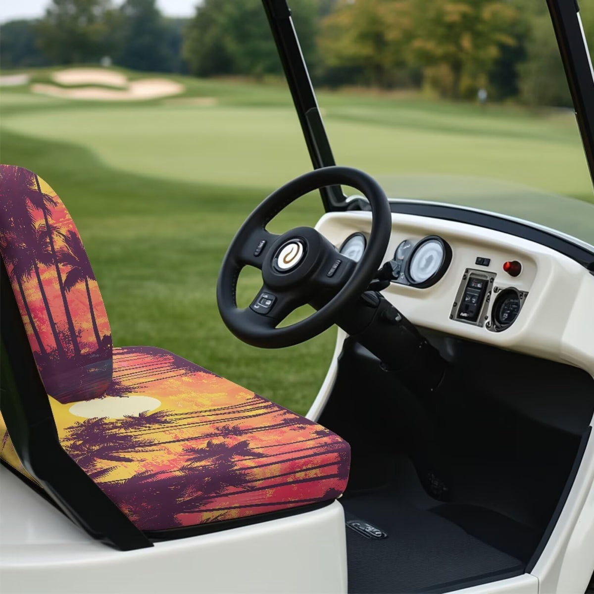 Bulopur Sunset Palm Tree backrest cover front view protects and elevates seating comfort