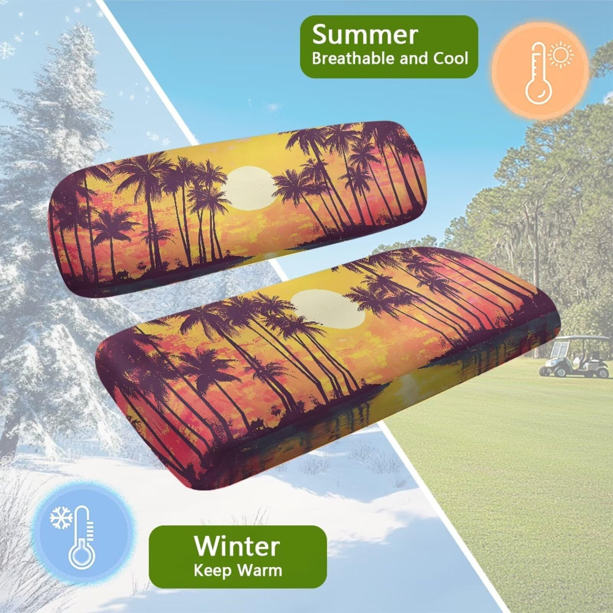 Bulopur Sunset Palm Tree backrest cover side shot adds rustic charm to golf carts