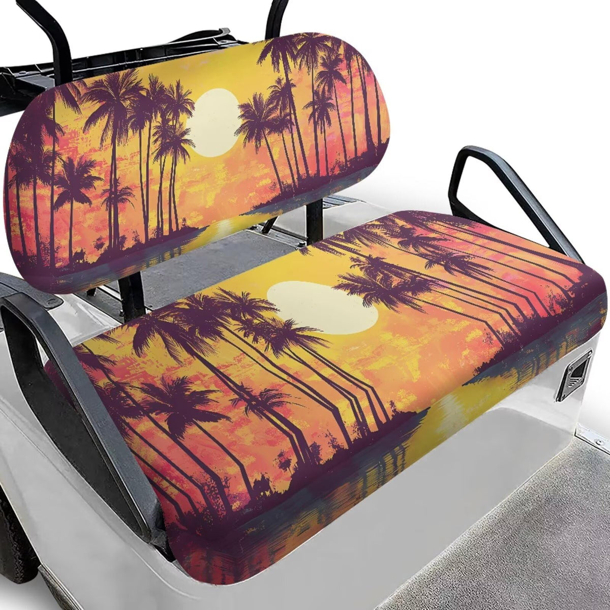 Bulopur Sunset Palm Tree seat cover front view improves fit and comfort on Club Car seats