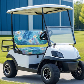 Bulopur tropical leaves frangipani seat cushion cover on a two-seat golf cart.