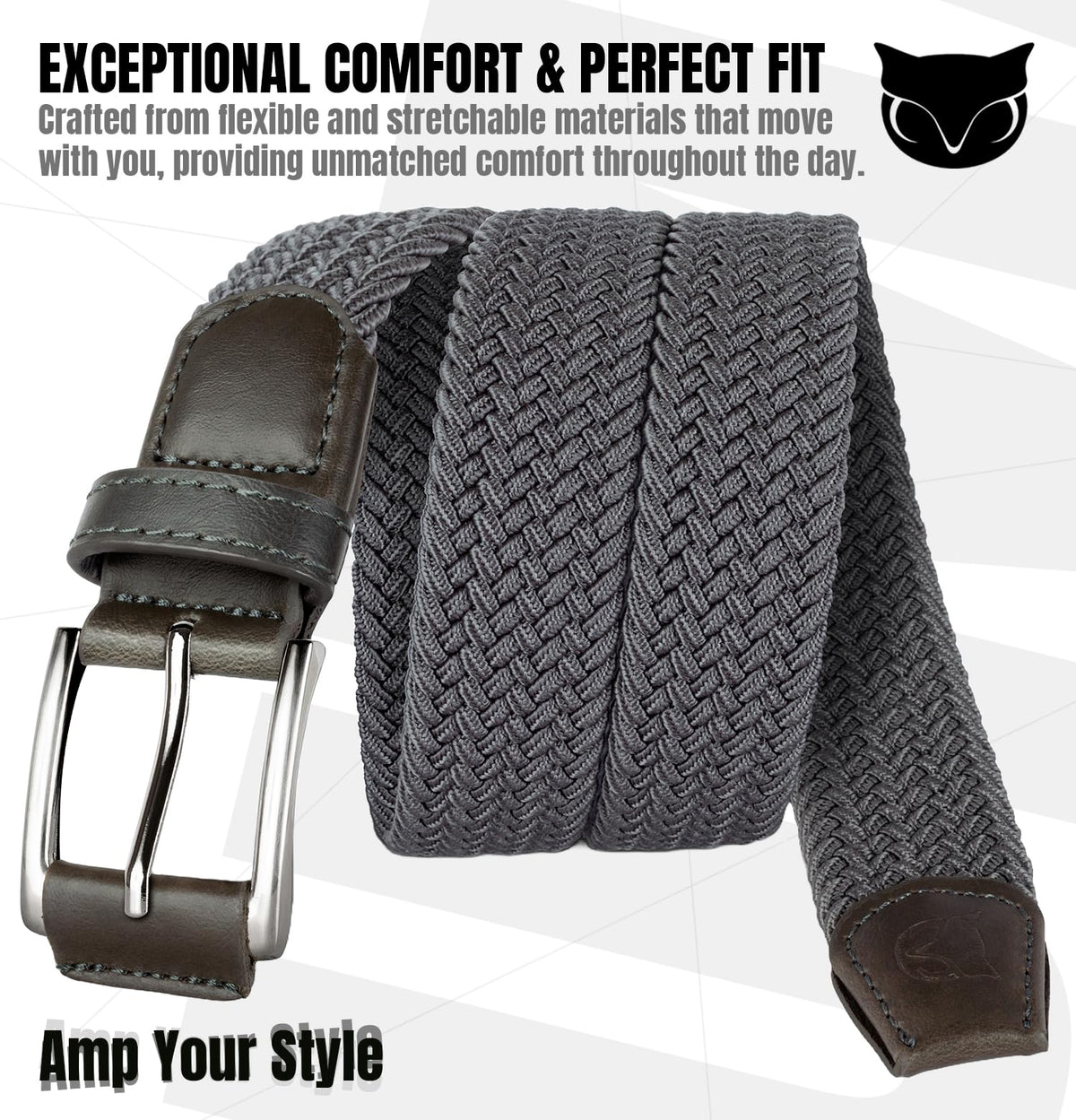 BUMA By Origeness stretch braided belt gray leather buckle protection.