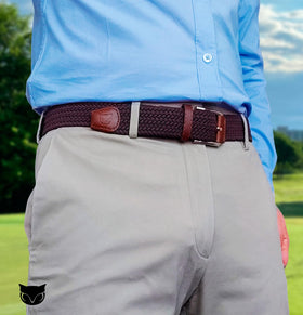 BUMA By Origeness stretch braided belt gray on pants for secure all-day fit.
