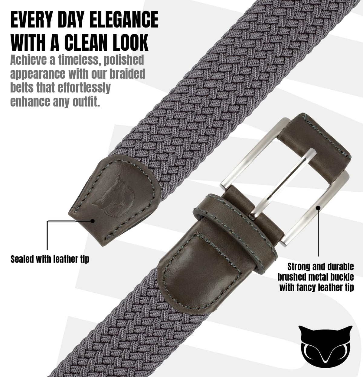 BUMA By Origeness stretch braided belt gray weave detail for versatile outfits.