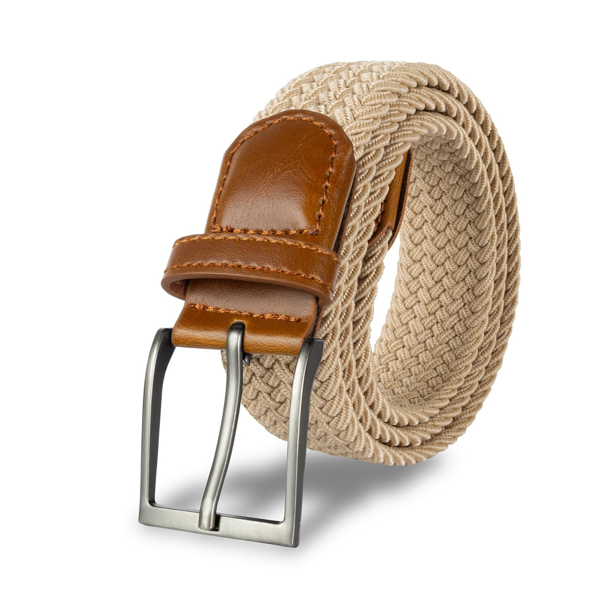 BUMA stretch braided belt close-up in beige shows flexible nylon-leather weave for daily comfort.