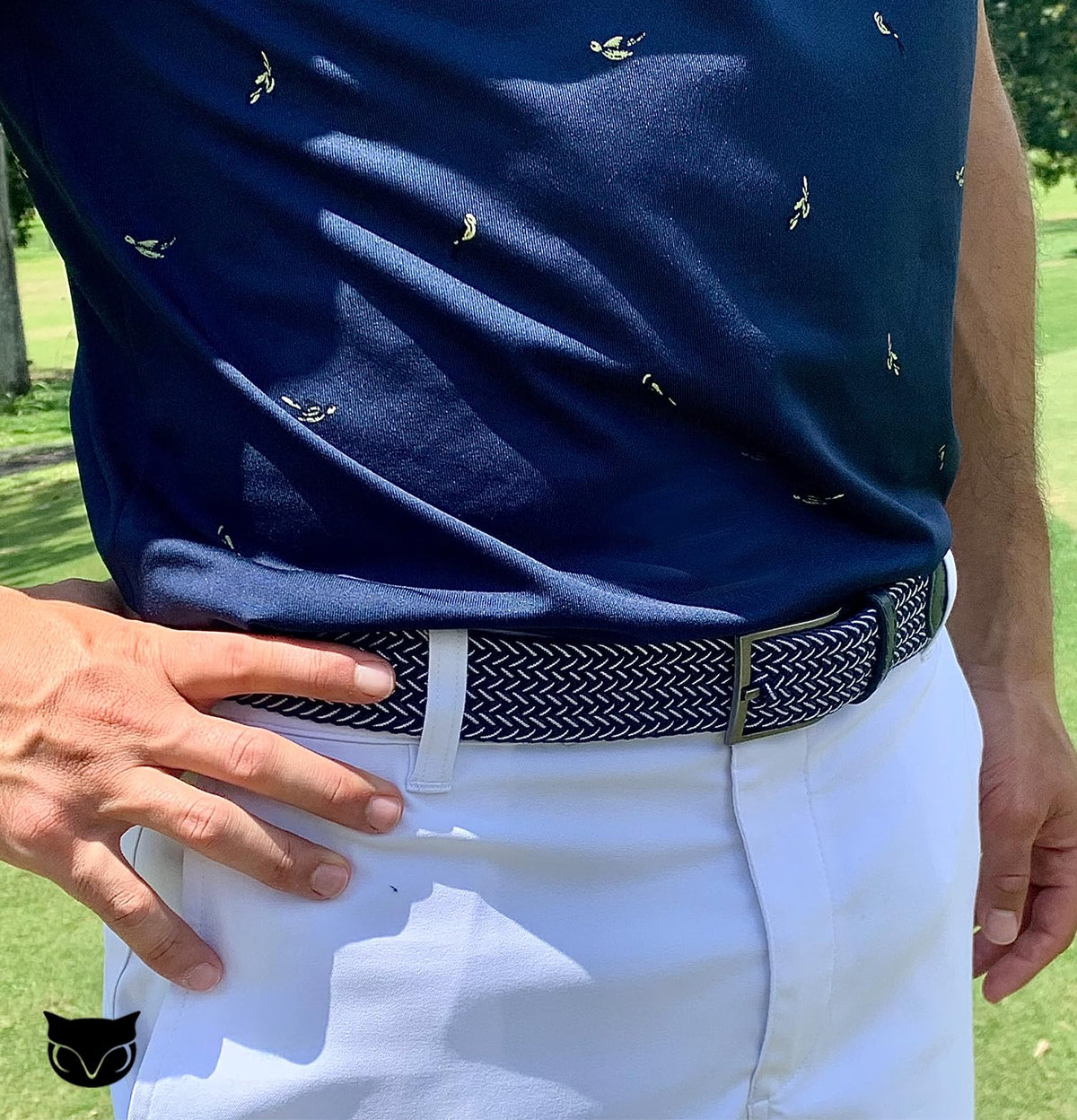 BUMA braided belt close-up shows adjustable fit for a secure feel.