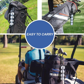 BUMOVE bag attachment on cart image showcases capacity to hold four balls