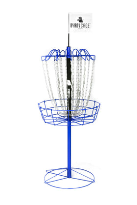 Byrdy Cage disc golf basket with adjustable wide-to-narrow target for versatile practice.