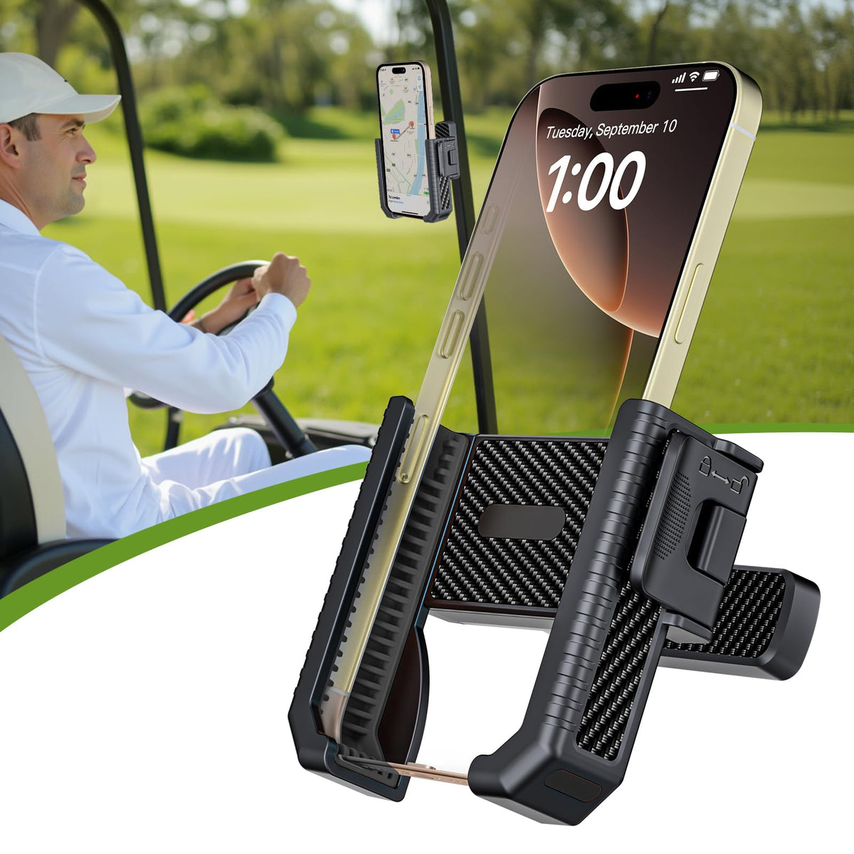 CABALAY golf cart mount with ultra-strong magnets for secure phone grip on metal surfaces.