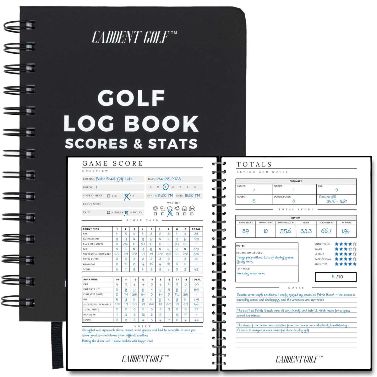 CADDENT GOLF log book cover in hardcover provides durable protection on the course.