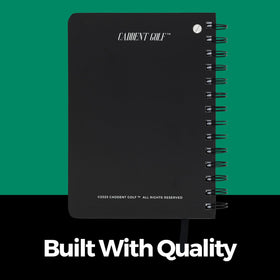 CADDENT GOLF log book open to show writing space and score areas.