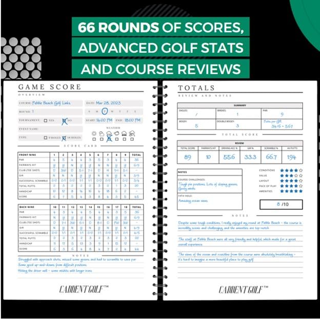 CADDENT GOLF log book wire-bound spine allows smooth page turning during play.