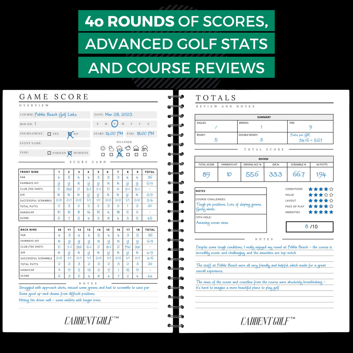 CADDENT GOLF wire-bound notebook keeps pages flat for easy note-taking.
