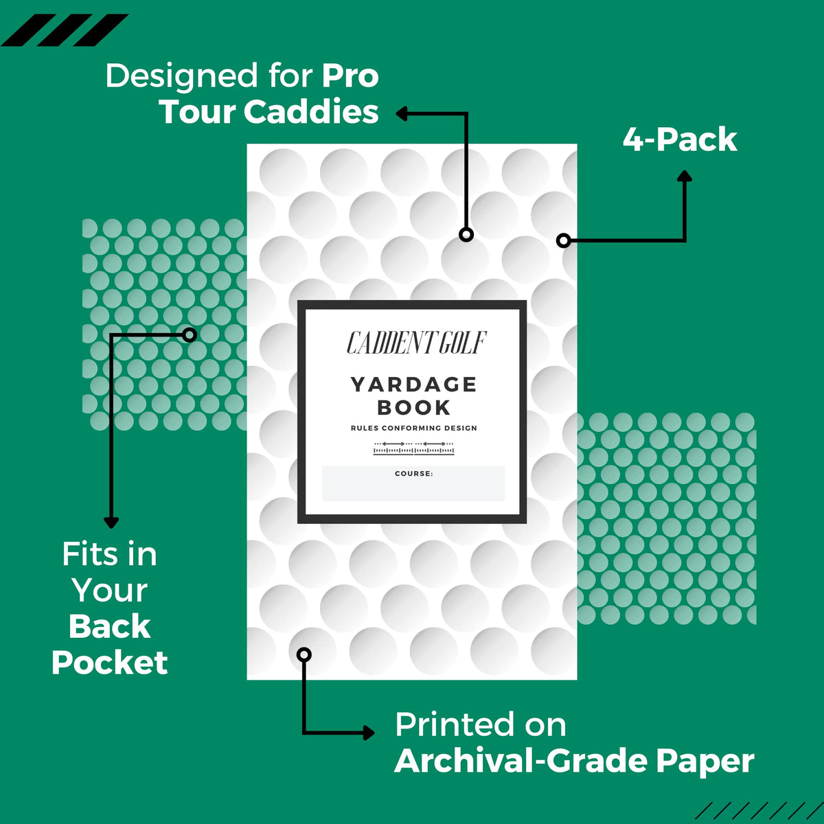 CADDENT GOLF yardage matrix page highlights club distances and references.