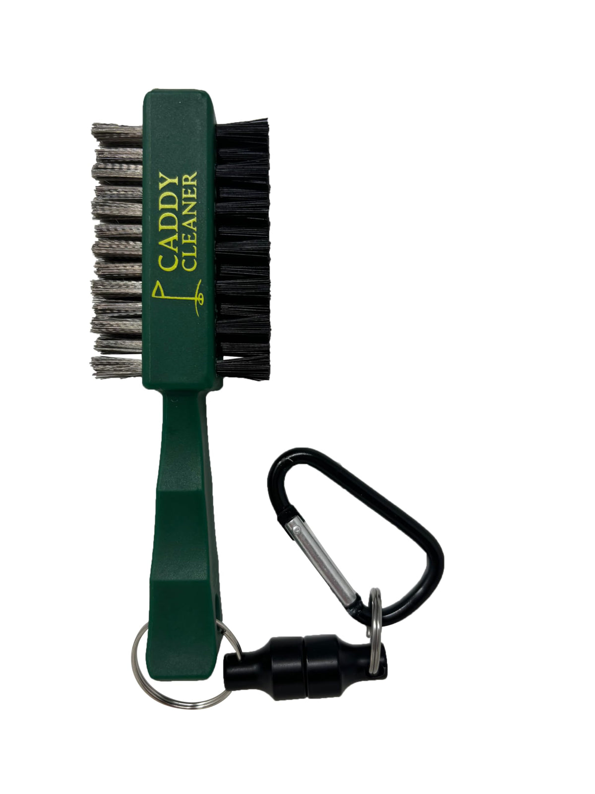 Caddy Cleaner Masters Green clip-on mini brush attached to golf bag