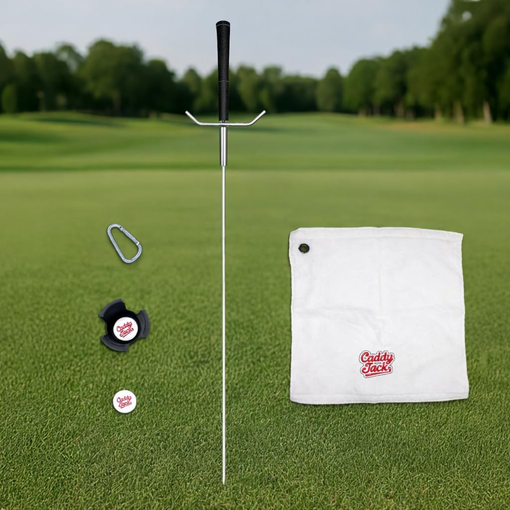 Caddy Jack club stand keeps clubs off damp grass and within reach.