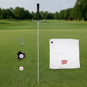 Caddy Jack club stand keeps clubs off damp grass and within reach.