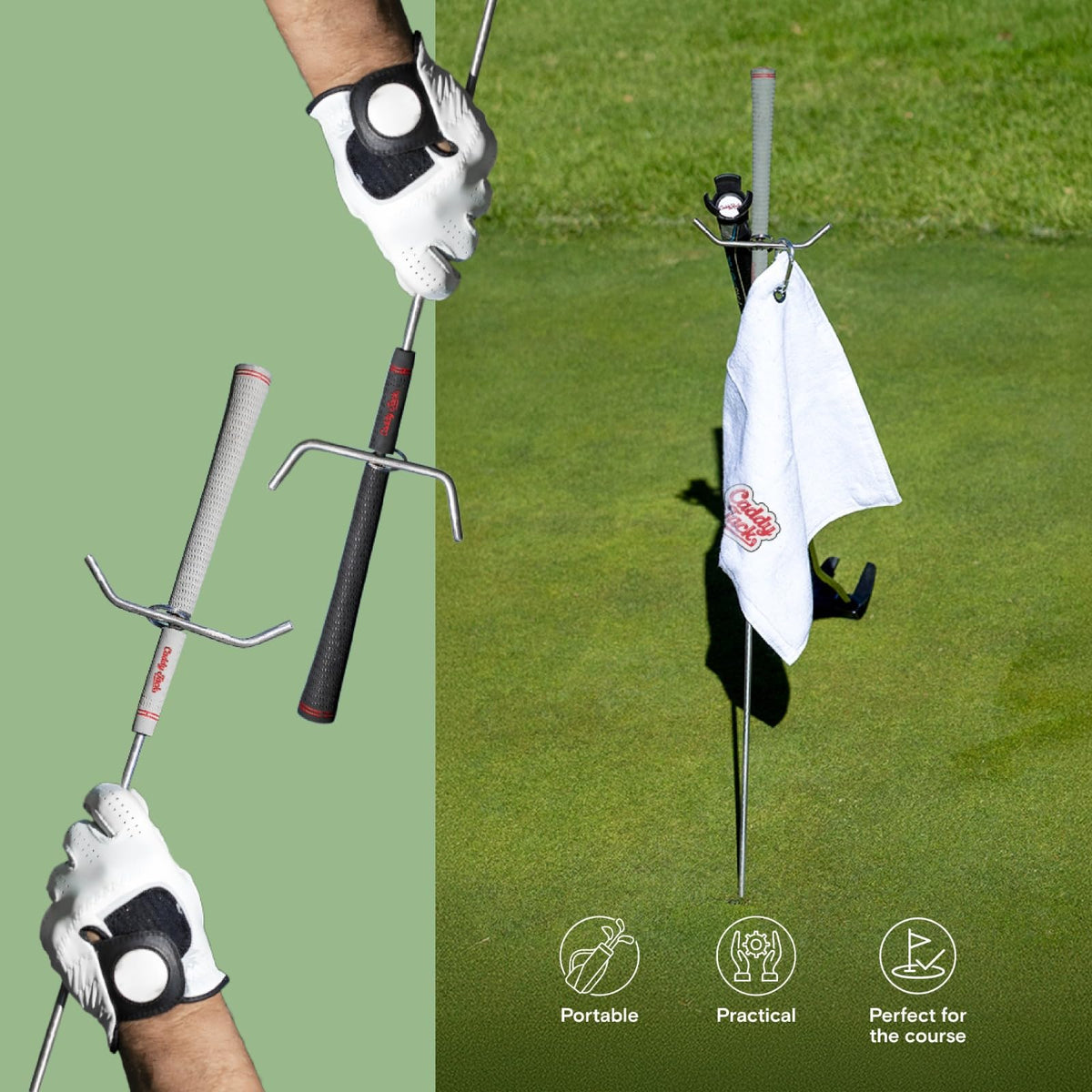 Caddy Jack premium towel dries hands and grips on the course.