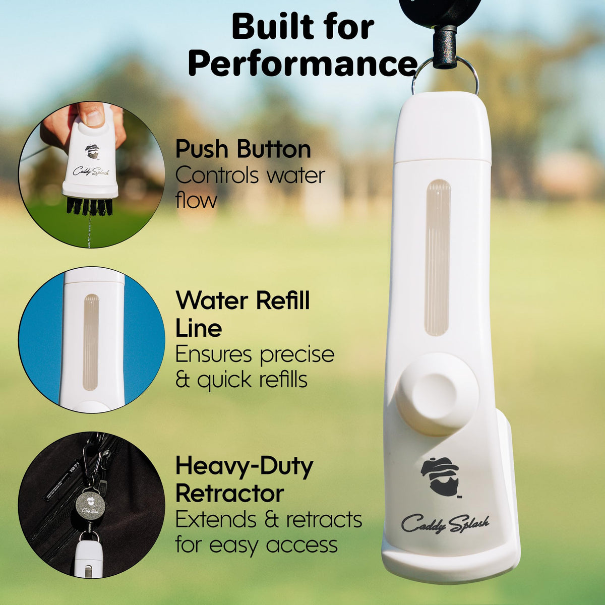 Caddy Splash 4oz leakproof reservoir keeps water ready during a round