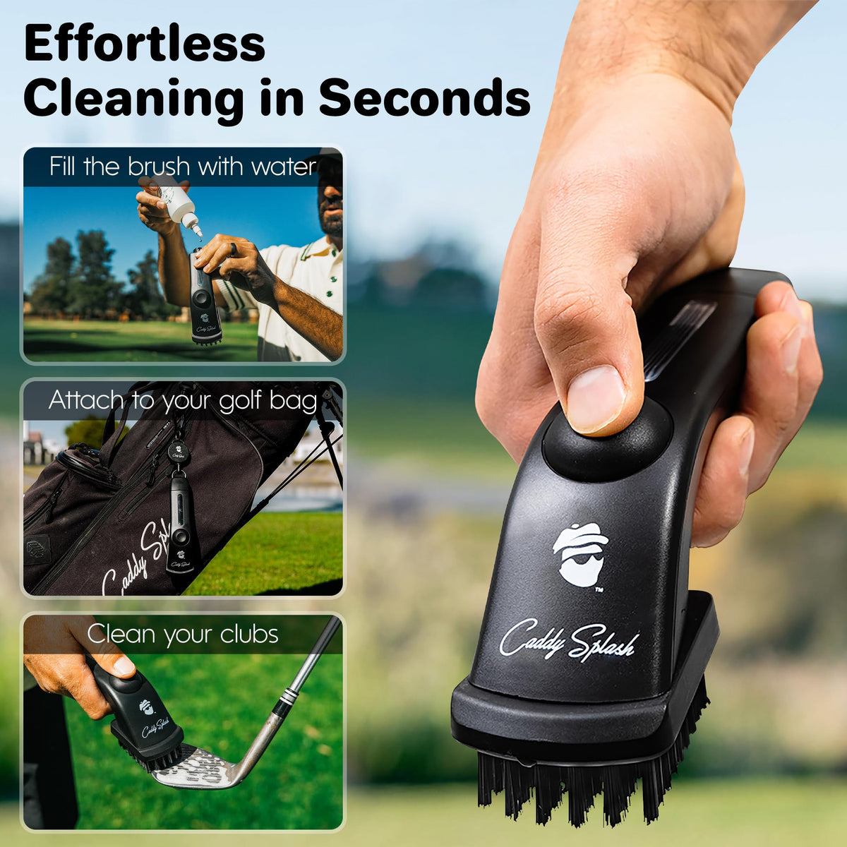 Caddy Splash Golf Club Brush Pro retractable-clip attached to bag for accessibility