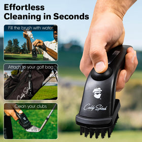 Caddy Splash Golf Club Brush Pro retractable-clip attached to bag for accessibility