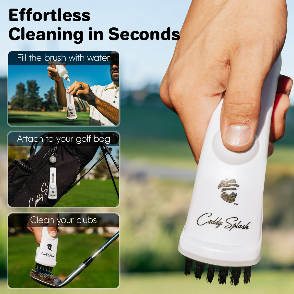 Caddy Splash brush with large nylon bristles scrubs dirt and grass safely