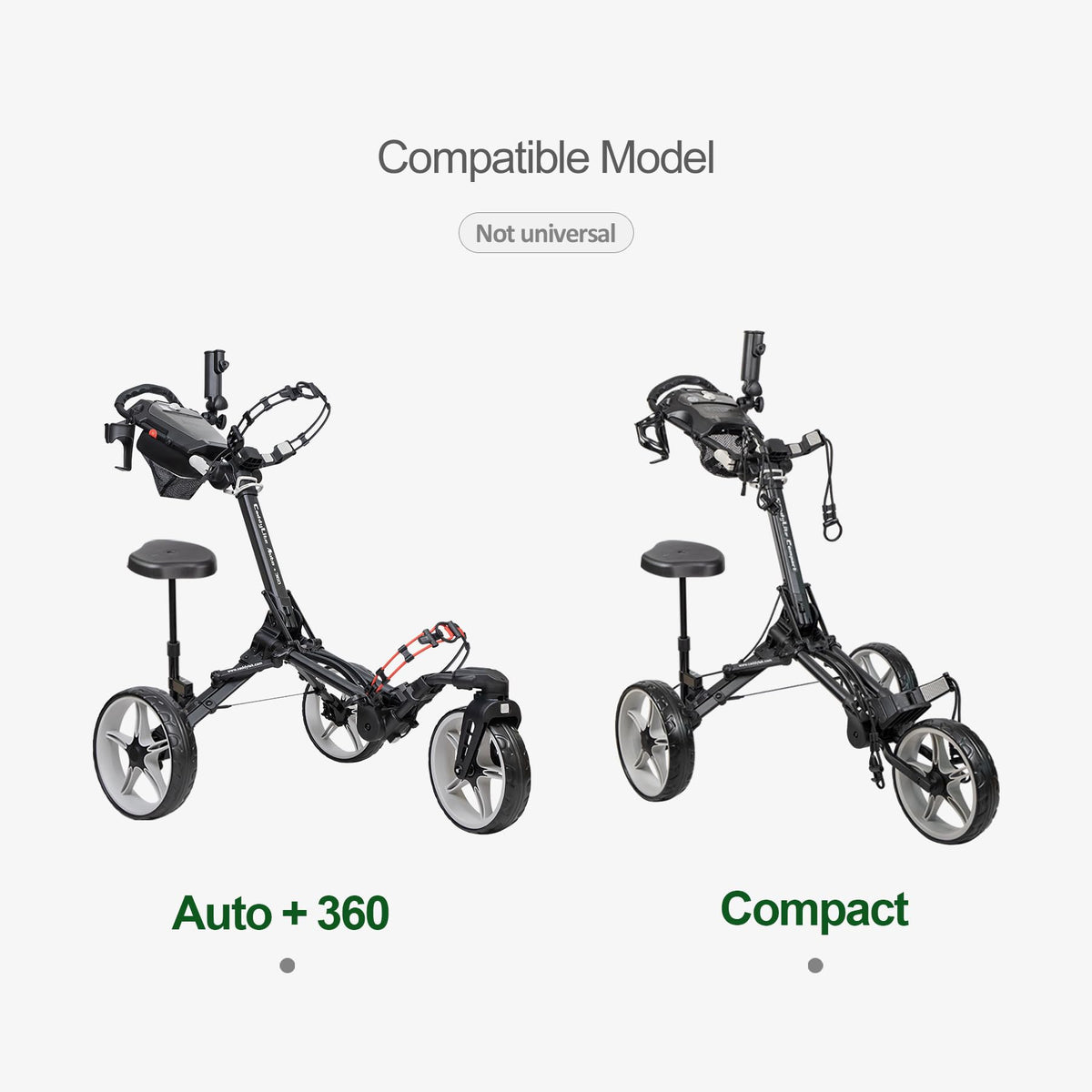 Caddytek removable seat on Auto+360 cart securely in place for breaks