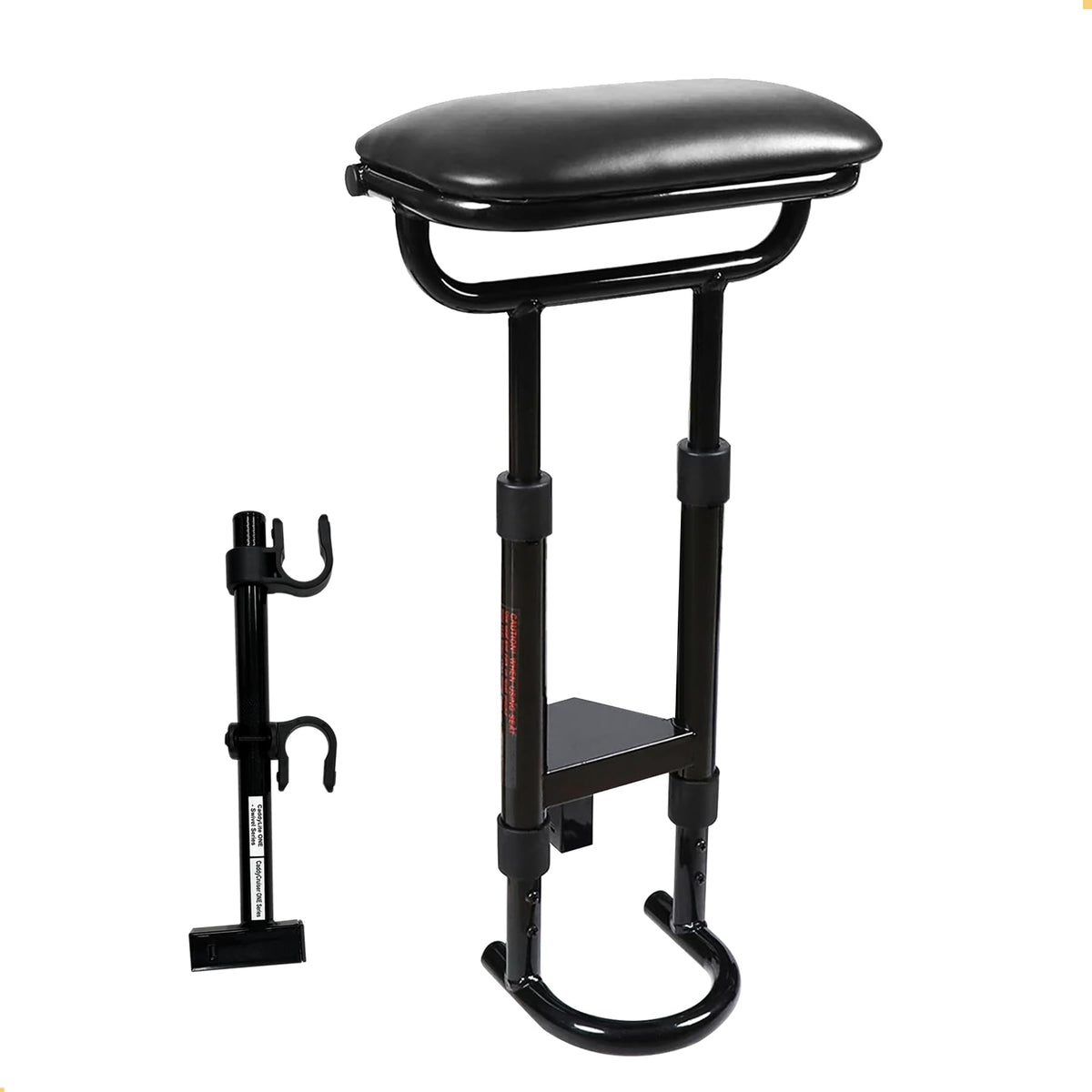 Caddytek removable seat mounted on Cruiser One for stable rest between holes.