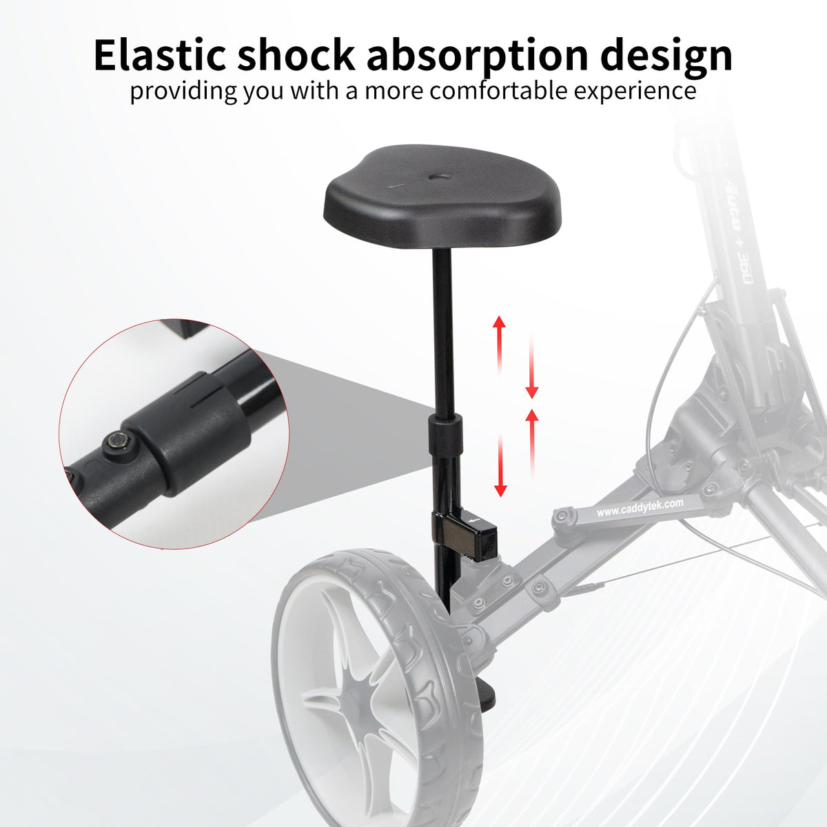 Heavy duty bracket on Caddytek seat delivering durable support on varied terrains